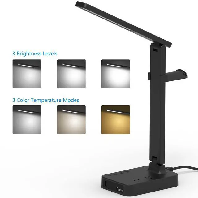 Alt view image 2 of 7 - LED Desk Lamp with Headphone Stand, Desk Light with 1 USB Charging Port and 2 AC Power Outlet, 3 Lighting Modes, 3 Level Brightness,1H Timer, Memory Function, Eye-Caring Gaming Desk Lamp