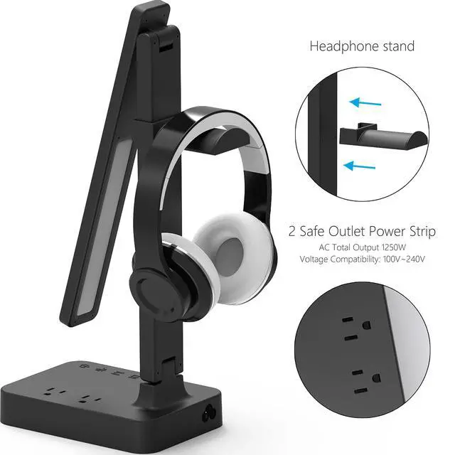 Alt view image 3 of 7 - LED Desk Lamp with Headphone Stand, Desk Light with 1 USB Charging Port and 2 AC Power Outlet, 3 Lighting Modes, 3 Level Brightness,1H Timer, Memory Function, Eye-Caring Gaming Desk Lamp