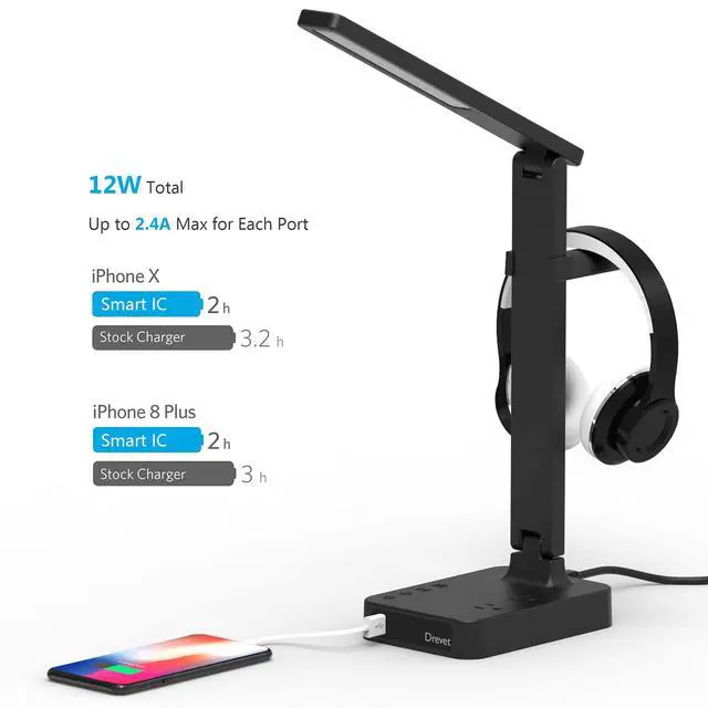 Alt view image 5 of 7 - LED Desk Lamp with Headphone Stand, Desk Light with 1 USB Charging Port and 2 AC Power Outlet, 3 Lighting Modes, 3 Level Brightness,1H Timer, Memory Function, Eye-Caring Gaming Desk Lamp