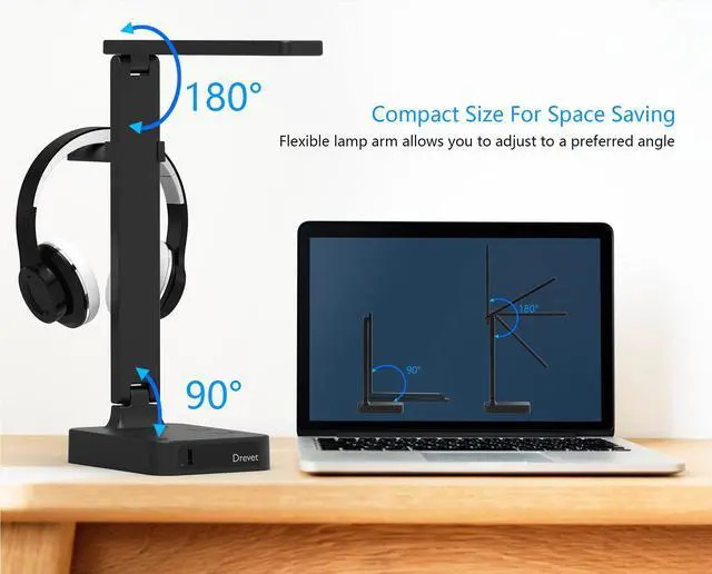Alt view image 7 of 7 - LED Desk Lamp with Headphone Stand, Desk Light with 1 USB Charging Port and 2 AC Power Outlet, 3 Lighting Modes, 3 Level Brightness,1H Timer, Memory Function, Eye-Caring Gaming Desk Lamp