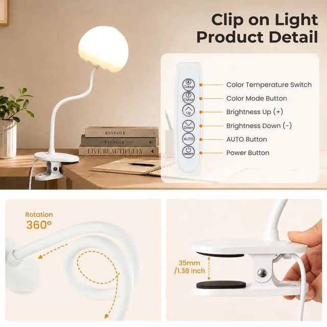 Alt view image 7 of 7 - Clip on Bed Light, 3 Color Temperatures & 7 RGB Colors Desk Lamp with Clamp