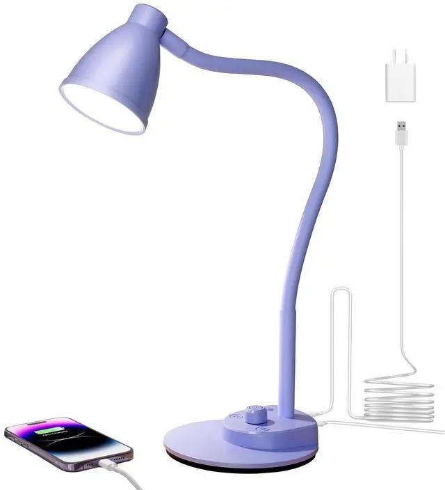 Main image of LED Desk Lamp with USB Charging Port, 3 Color Modes Dim, Lilac Purple