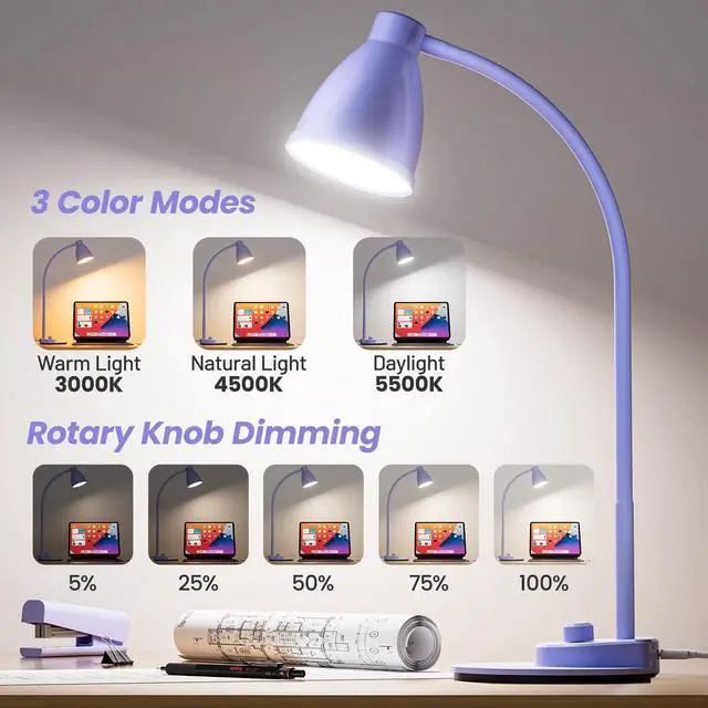 Alt view image 2 of 7 - LED Desk Lamp with USB Charging Port, 3 Color Modes Dim, Lilac Purple