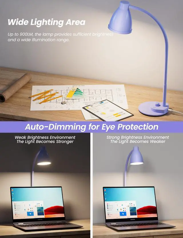 Alt view image 4 of 7 - LED Desk Lamp with USB Charging Port, 3 Color Modes Dim, Lilac Purple