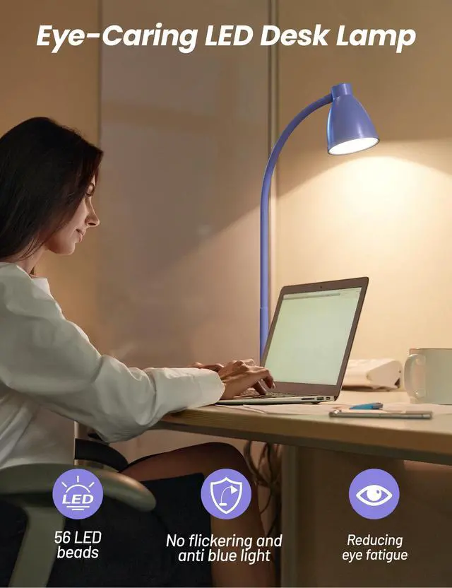 Alt view image 5 of 7 - LED Desk Lamp with USB Charging Port, 3 Color Modes Dim, Lilac Purple