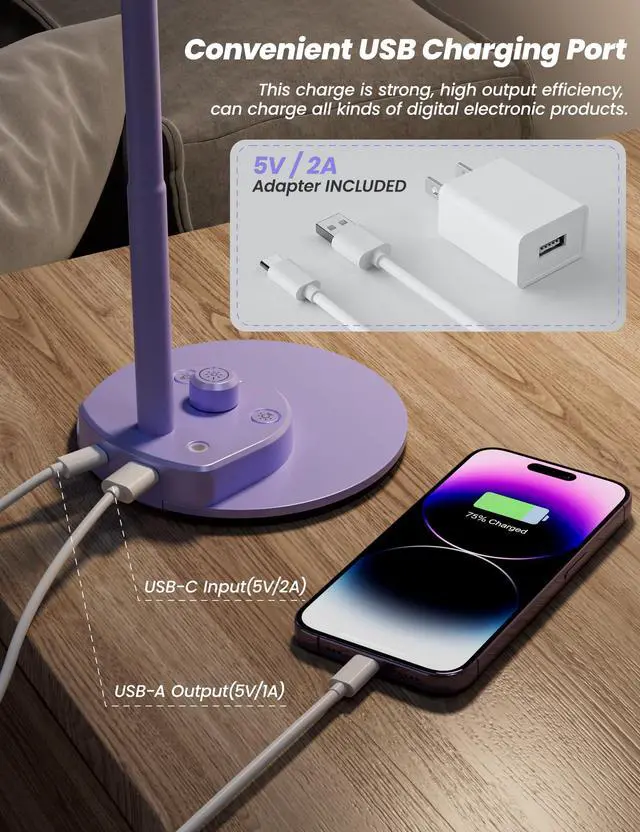 Alt view image 3 of 7 - LED Desk Lamp with USB Charging Port, 3 Color Modes Dim, Lilac Purple