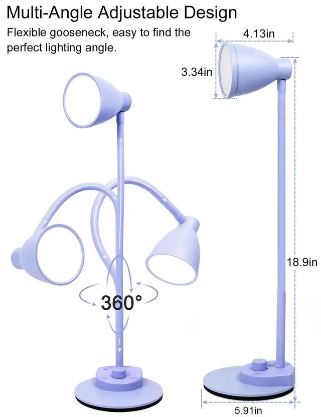 Alt view image 7 of 7 - LED Desk Lamp with USB Charging Port, 3 Color Modes Dim, Lilac Purple