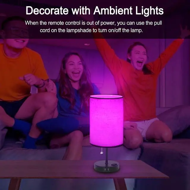 Alt view image 3 of 7 - Lamps for Bedrooms Nightstand Bedside Lamp with 2 USB Port and Outlet, 3-Way Dimmable Table Lamps, Color Changing Night Stand Light Lamp RGB LED Bulb