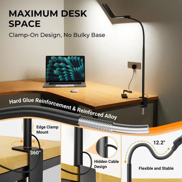 Alt view image 4 of 7 - LED Desk Lamps for Home Office,Smart Adjustable Swing Arm Desk Lamp with Clamp,Gooseneck Tall Clip on Desk Light for Sewing,Reading,Drawing,Workbench,Study,Screen,Crafting,Monitor Architect,Computer