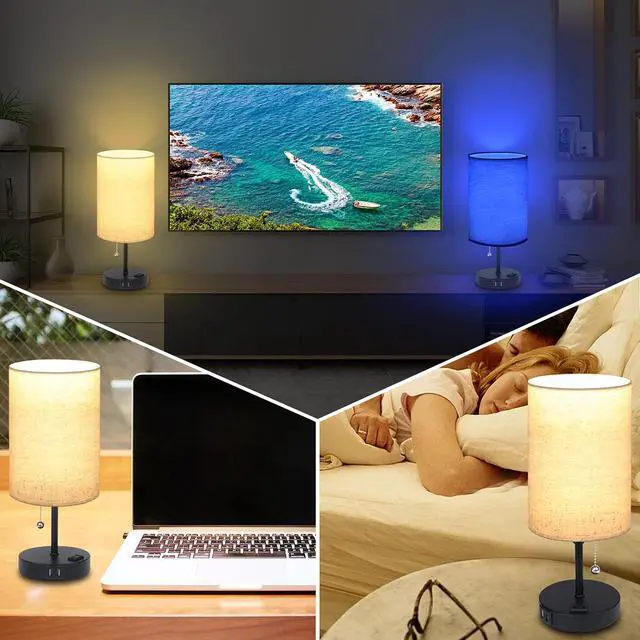 Alt view image 5 of 7 - Lamps for Bedrooms Nightstand Bedside Lamp with 2 USB Port and Outlet, 3-Way Dimmable Table Lamps, Color Changing Night Stand Light Lamp RGB LED Bulb