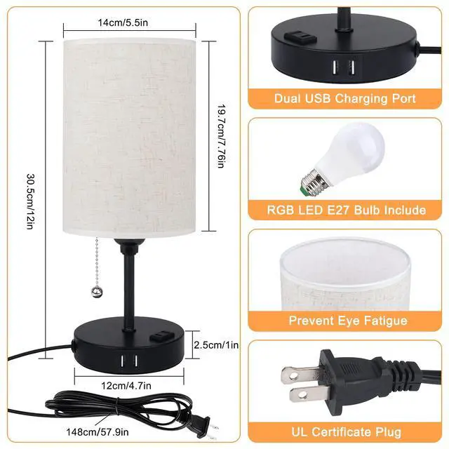 Alt view image 6 of 7 - Lamps for Bedrooms Nightstand Bedside Lamp with 2 USB Port and Outlet, 3-Way Dimmable Table Lamps, Color Changing Night Stand Light Lamp RGB LED Bulb