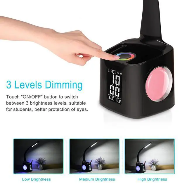 Alt view image 5 of 6 - LED Desk Lamp with Clock,Color Changing Nightlight,Study Lamp with Pen Holder,Desk Light with USB Charger,Table Light for Home,Office,Gift for Kids,Students,Women,Black