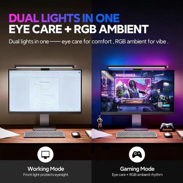Alt view image 2 of 7 - RGB Monitor Light Bar, Computer Monitor Light for Eye Care, 4 Modes Backlight Adjustable Color & Brightness, USB Reading Monitor Lamp, No Glare, Space Saving for All Monitor