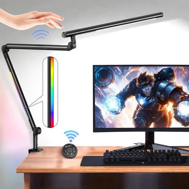 Main image of LED Desk Lamp with Clamp, 18W Architect Desk Lamp with Dual Light, Flexible 3 Sections Swing Arm, with RGB Light, with Remote, with Sensor Switch, Stepless Dimming, 4 Color Mode & 5 Brightness
