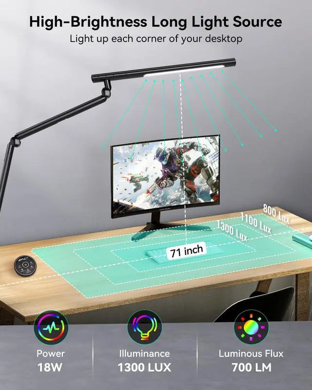 Alt view image 2 of 7 - LED Desk Lamp with Clamp, 18W Architect Desk Lamp with Dual Light, Flexible 3 Sections Swing Arm, with RGB Light, with Remote, with Sensor Switch, Stepless Dimming, 4 Color Mode & 5 Brightness