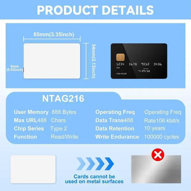 Alt view image 2 of 7 - 30 Pcs NTAG216 CR80 NFC Cards, NFC 216 Tags, 888 Bytes Blank Programmable PVC Cards, Printable Rewritable for Digital Business Cards, Smart Home & Smart Locks& All NFC Enabled Smartphones and Devices