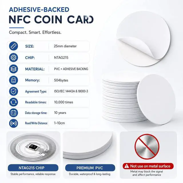 Alt view image 2 of 7 - 50PCS Coin Cards NFC Tags, Blank NTAG215 NFC Cards Rewitable NFC Chip 25mm/1inch Round 215 Cards with Adhesive Back Compatible with TagMo and Amiibo and NFC Enabled Mobile Phones and Devices