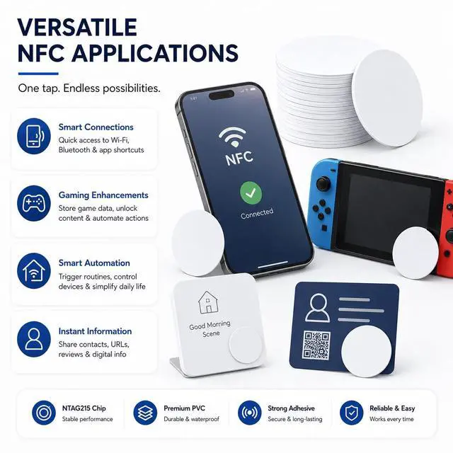 Alt view image 3 of 7 - 50PCS Coin Cards NFC Tags, Blank NTAG215 NFC Cards Rewitable NFC Chip 25mm/1inch Round 215 Cards with Adhesive Back Compatible with TagMo and Amiibo and NFC Enabled Mobile Phones and Devices