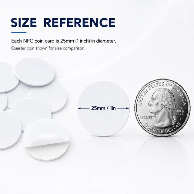 Alt view image 4 of 7 - 50PCS Coin Cards NFC Tags, Blank NTAG215 NFC Cards Rewitable NFC Chip 25mm/1inch Round 215 Cards with Adhesive Back Compatible with TagMo and Amiibo and NFC Enabled Mobile Phones and Devices