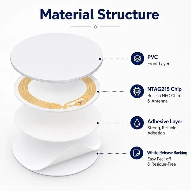Alt view image 5 of 7 - 50PCS Coin Cards NFC Tags, Blank NTAG215 NFC Cards Rewitable NFC Chip 25mm/1inch Round 215 Cards with Adhesive Back Compatible with TagMo and Amiibo and NFC Enabled Mobile Phones and Devices