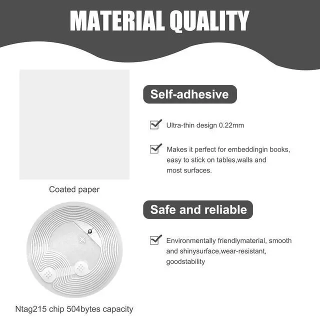 Alt view image 3 of 7 - 100 PCS NFC Tags Sticker NFC Chips Ntag215, Adhesive Back, Rewritable 504 Bytes Memory, Compatible with Tagmo and Amiibo as Well as NFC-Enabled Devices and Smartphones (1 in)