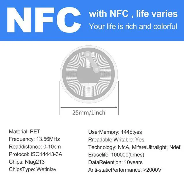Alt view image 3 of 7 - 50 PCS Round NFC Tags Stickers - NTAG213 Chip, Blank, Adhesive Labels, RFID Tags, Rewritable, 137 Bytes Memory, Compatible with All NFC-Enabled Smartphones and Devices