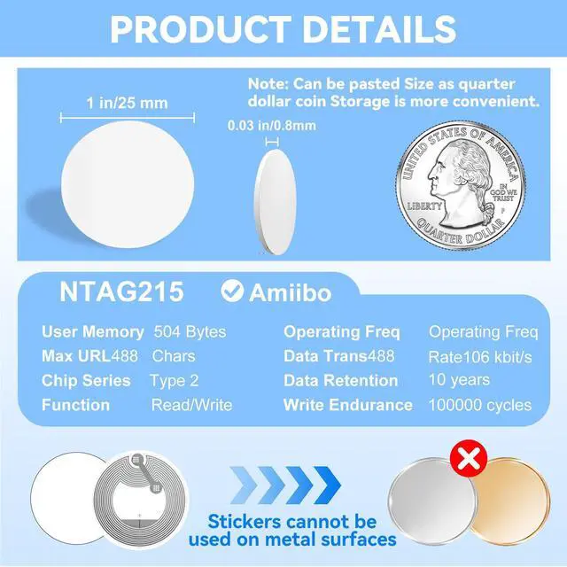 Alt view image 2 of 7 - 70 Pcs NTAG215 NFC Coin Cards, Blank Rewritable Round NFC Tags with Adhesive Back, Programmable NFC Stickers Compatible with TagMo, Amiibo, iOS & Android NFC Phones