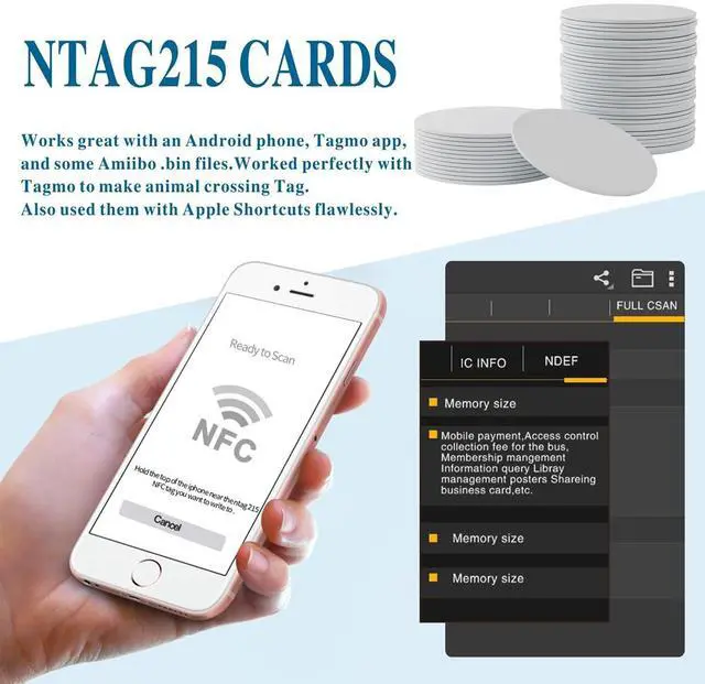 Alt view image 7 of 7 - 50pcs NFC Tags NTAG215 NFC Cards Blank NFC Chips NFC 215 Tag Rewritable NFC Tag, 504 Bytes Memory Compatible with NFC Enabled Phones (25mm)