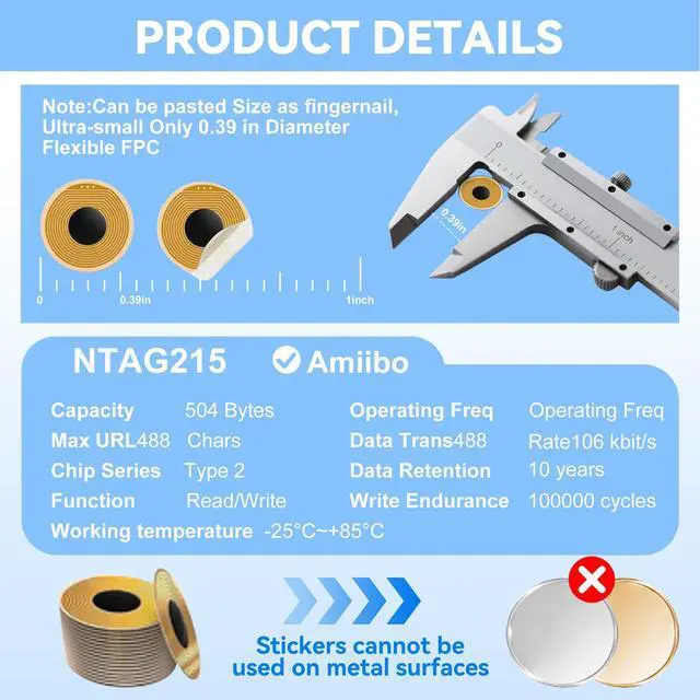 Alt view image 2 of 7 - 14 Pcs NTAG215 FPC Flexible NFC Tags, 10mm Round Heat Resistant Waterproof Programmable Stickers, Adhesive Mini RFID Labels for Nail Decor, Smartphones, Wearables & Home Automation