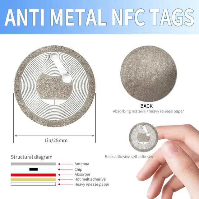 Alt view image 2 of 6 - 100pcs Anti-Metal NFC Sticker Tags Ntag213 on-Metal NFC Tags Adhesive Labels with Rewritable 144 Bytes Memory, Work with All NFC-Enabled Cell Phones &Devices (100)