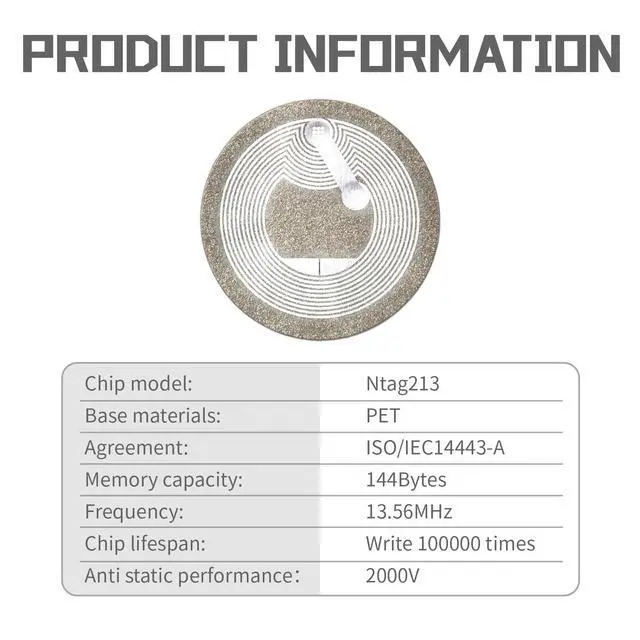 Alt view image 3 of 6 - 100pcs Anti-Metal NFC Sticker Tags Ntag213 on-Metal NFC Tags Adhesive Labels with Rewritable 144 Bytes Memory, Work with All NFC-Enabled Cell Phones &Devices (100)