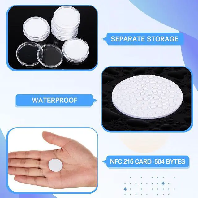 Alt view image 3 of 7 - 100 Pcs NFC 215 Round Cards with 100 Coin Card Protector Case Programmable 25mm Blank NFC215 Coin Tags Compatible with Most NFC Phones and Devices, with Large Storage Box(White)