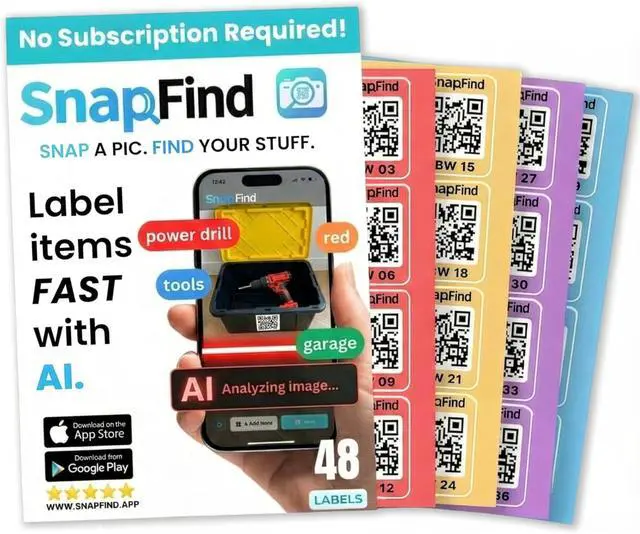 Main image of Smart QR Code Labels AI Auto-Labeling, No Typing! Storage Bins & Moving Containers iOS and Android App 48 Color-Coded Stickers (2.5" x 2.5")