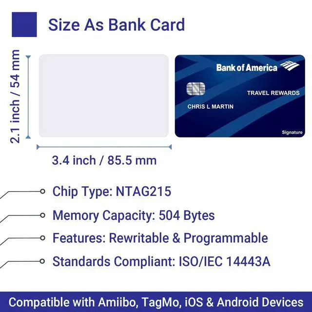 Alt view image 3 of 6 - 50 PCS NFC Cards, NTAG215 Blank Waterproof 85.5 x 54mm NFT Chips, Programmable & Rewritable, Compatible with Amiibo, TagMo, iOS & Android Devices (White)