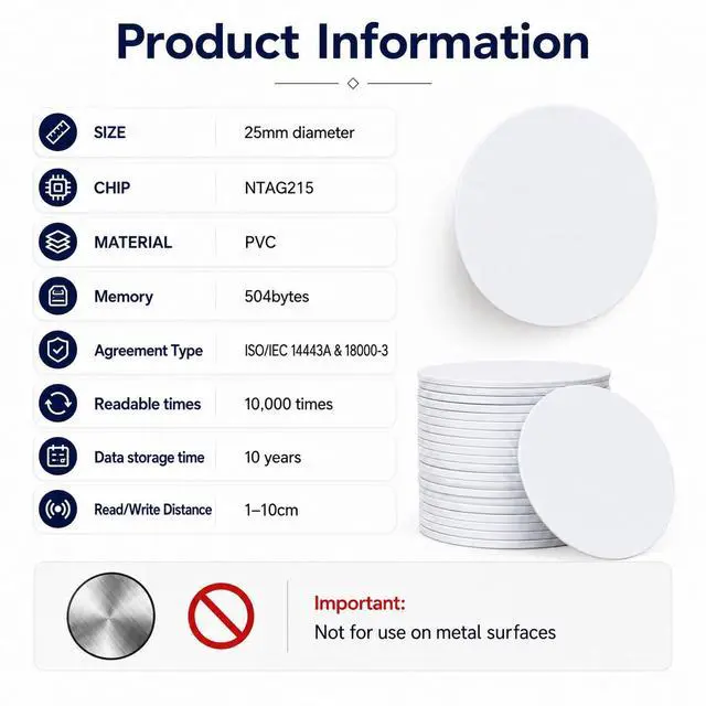 Alt view image 2 of 7 - 50PCS Coin Cards NFC Tags, Blank NTAG215 NFC Cards Rewitable NFC Chip 25mm/1inch Round 215 Cards Compatible with TagMo and Amiibo and NFC Enabled Mobile Phones and Devices