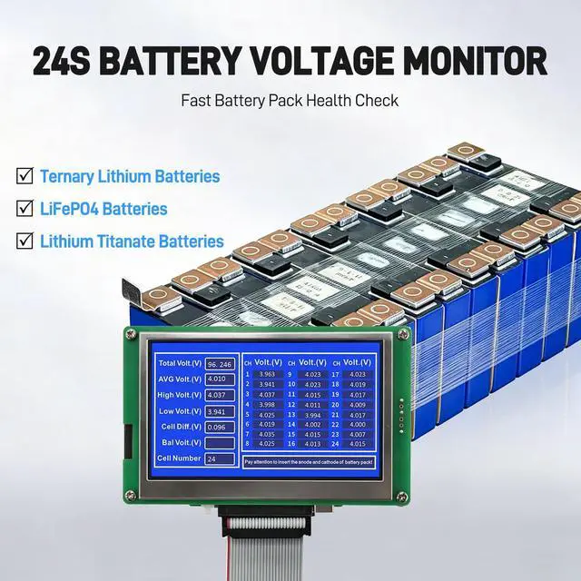 Alt view image 2 of 7 - 24S Battery Voltage Tester, 5" LCD Voltage Gauge, Precision Voltage Detector for NMC / LiFePO4 / LTO Batteries, Type-C Universal Socket, M6T24