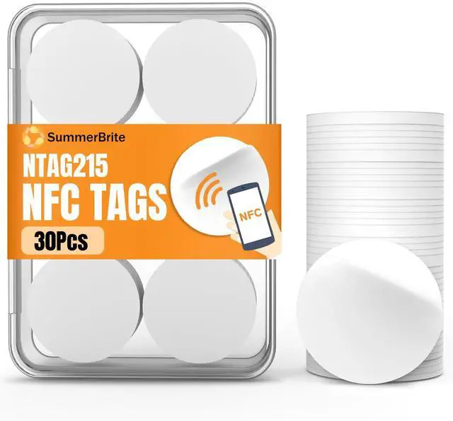 Main image of 30 Pcs NFC Tags NTAG215 Blank NFC Cards Stickers, Rewritable Programmable NFC 215 Chip NFC Coins with Adhesive Back, 504 Bytes Memory, Compatible with TagMo and NFC Enabled Devices