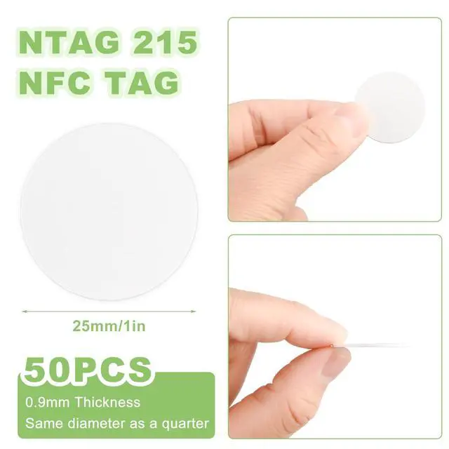 Alt view image 2 of 7 - NFC Tag Stickers White NTAG215 Tag Rewritable Round Coin NFC Cards with Adhesive Back Compatible with Mobile Phones(50Pcs)