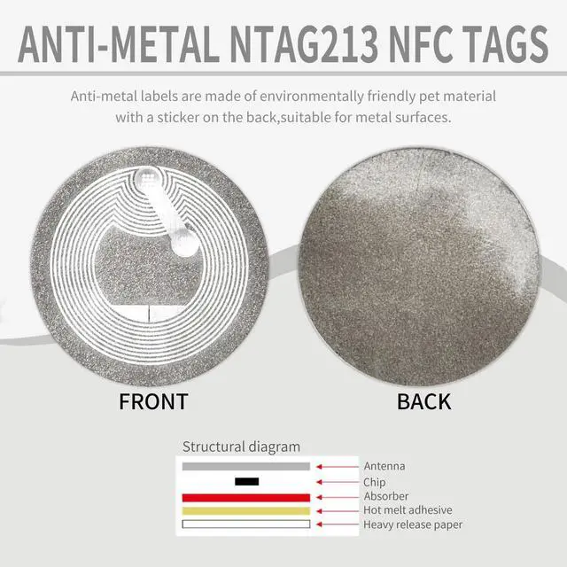 Alt view image 2 of 7 - 50PCS Ntag213 NFC Tag Anti Metal NFC Tags Sticker Work on Metal NFC Stickers Adhesive Labels RFID Tags Rewritable 144 Bytes Memory Compatible with All NFC-Enabled Smartphones and Devices