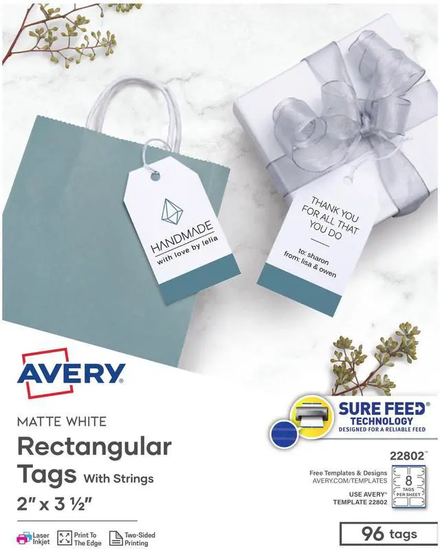 Main image of Blank Printable Tags, Sure Feed Technology, 2" x 3.5", White, 96 Customizable Tags with String, Great for Branding, Gift Tags, Price Tags, and More (22802)