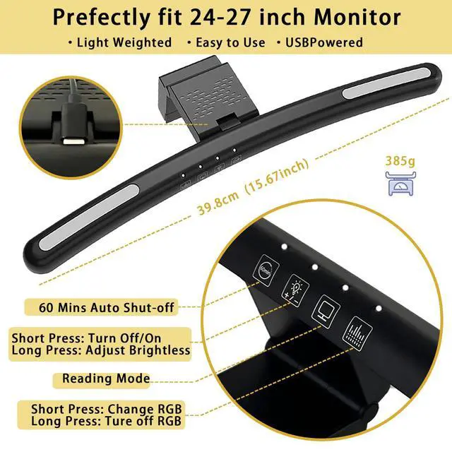 Alt view image 2 of 6 - Curved Monitor Light Bar for 24-27 Inch Curved Screens Light Bar with 7 RGB, Stepless Dimming 3 Color Temperatures USB Powered Gaming Computer Light