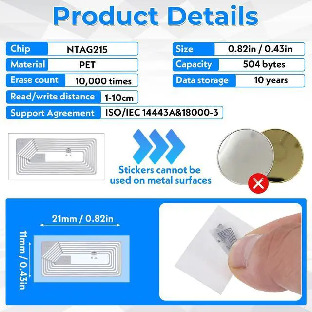 Alt view image 2 of 7 - 50 Pcs NFC Tags Sticker with NTAG215 Chip NFC Stickers Adhesive Labels Transparent RFID Tags Rewritable 504 Bytes Memory Suitable for All NFC-Enabled Devices Amiibo Customization (Rectangle,11x21mm)