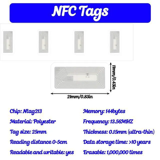 Alt view image 2 of 7 - 50 PCS NFC Tags Stickers with NTAG213 Chip, NFC Stickers Blank Rewritable Transparent Adhesive RFID Tags 137 Bytes Memory NFC Labels Compatible with All NFC-Enabled Smartphones and Devices