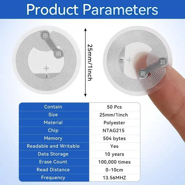 Alt view image 2 of 7 - 50 Pcs NFC Tags with NTAG215 Chip, 25mm NFC Adhesive Stickers, RFID Stickers with Rewritable 504 Bytes Memory, Compatible with All NFC-Enabled Devices