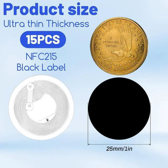 Alt view image 2 of 7 - 15Pcs NTAG215 NFC Stickers, NFC Tags NFC Stickers Blank Round Tags Programmable NFC Tag 504 Bytes Memory 13.56MHz RFID Tag for All NFC-Enabled Devices and Smartphones(25 mm/ 1 Inch)