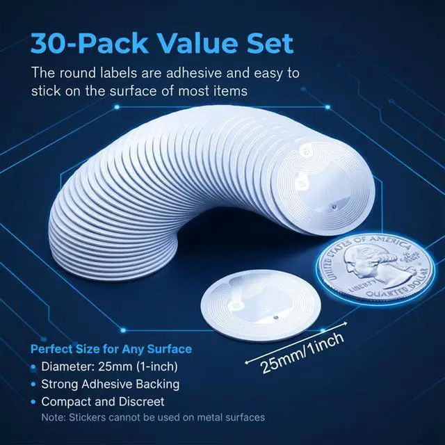 Alt view image 2 of 7 - 30Pcs NFC Sticker with Original NTAG216 Chip,NFC Tags Sticker Blank Round Transparent RFID Tag 888 Bytes Memory Rewritable & Programmable RFID NFC Stickers Compatible with TagMo and NFC Enabled Device