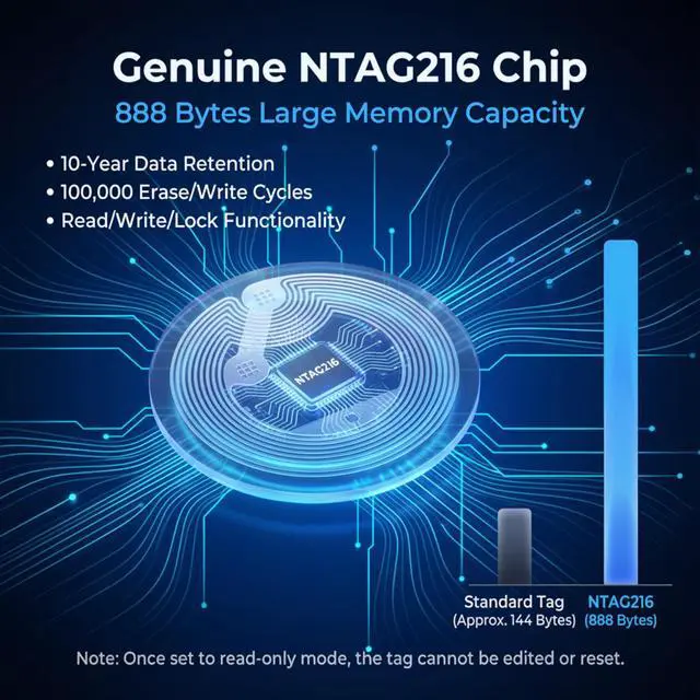 Alt view image 3 of 7 - 30Pcs NFC Sticker with Original NTAG216 Chip,NFC Tags Sticker Blank Round Transparent RFID Tag 888 Bytes Memory Rewritable & Programmable RFID NFC Stickers Compatible with TagMo and NFC Enabled Device