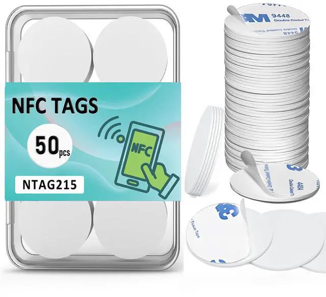 Main image of 50Pcs NFC Tags NTAG215 Tag Stickers, Rewritable NFC 215 Tag Blank Coins with Adhesive Back, 25mm Round NFC Chip 504 Bytes Memory Compatible with TagMo and NFC Enabled Devices