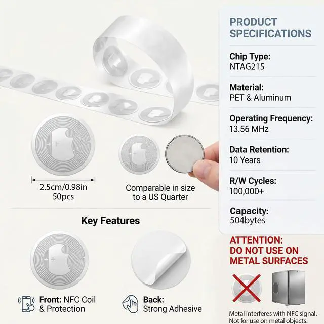 Alt view image 2 of 7 - 50 Pcs White Label NFC Tags Sticker with NTAG215 Chip NFC Stickers Adhesive Labels RFID Tags Rewritable 504 Bytes Memory Suitable for All NFC-Enabled Devices and Smartphones (Non-Transparent)