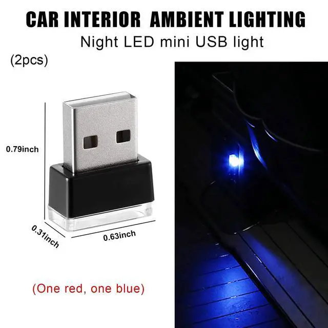 Alt view image 2 of 6 - 2 PCS USB LED Car Interior Atmosphere Lamp, Portable Mini LED Night Light, Plug-in USB Interface Trunk Ambient Lighting Kit, Universal Interior Car Accessories (Red+Blue)
